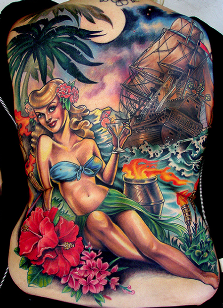tattoos/ - Bright Color Beach Back Tattoo - 115349